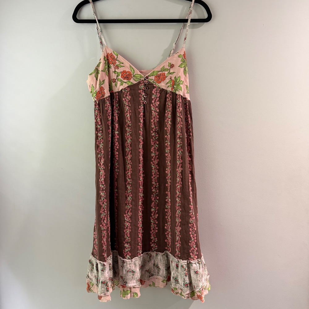 Vintage 2000s Free People Floral Mini Dress Womens 6 Brown Pink Boho Ruffle Hem